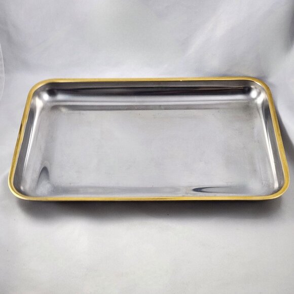 Zahran Stainless Steel 18/10 Serving Nesting Trays Gold Rim Rectangle Set of 3 - Picture 3 of 10